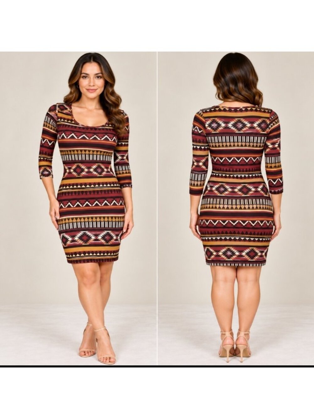 Cantana Southwestern Geometric Print Dress Size Small 3/4 Sleeve Red Neutrals